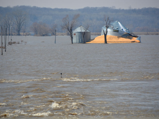 Flooded grain bins last month in southwest Iowa. (DTN file photo by Chris Clayton)